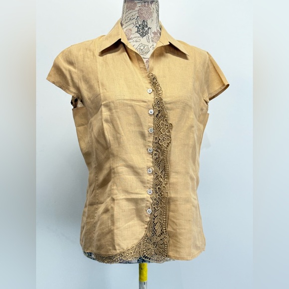 HAROLD’S Tan linen lace front‎ blouse size M. - Picture 6 of 12